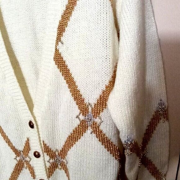 Y2k Jaclyn Smith Argyle Cardigan Sweater Medium Holiday Festive Cream Glitter Wa - Picture 8 of 9